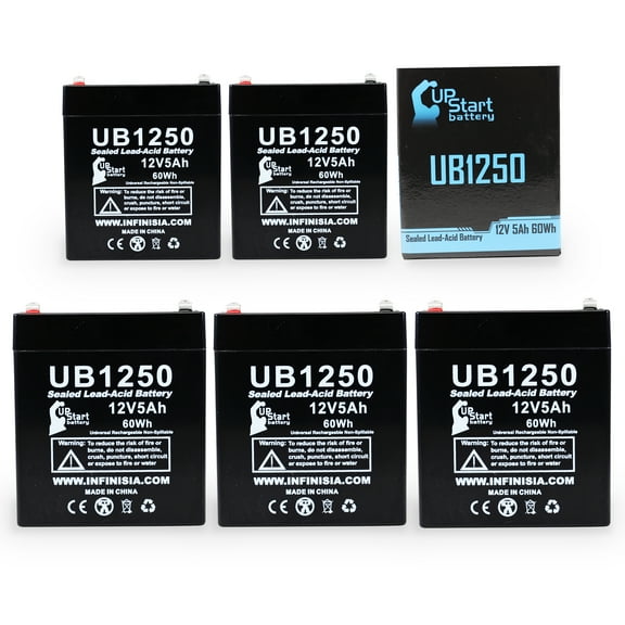 5x Pack - Compatible Digital Security PC2500 Battery - Replacement UB1250 Universal Sealed Lead Acid Battery (12V, 5Ah, 5000mAh, F1 Terminal, AGM, SLA) - Includes 10 F1 to F2 Terminal Adapters