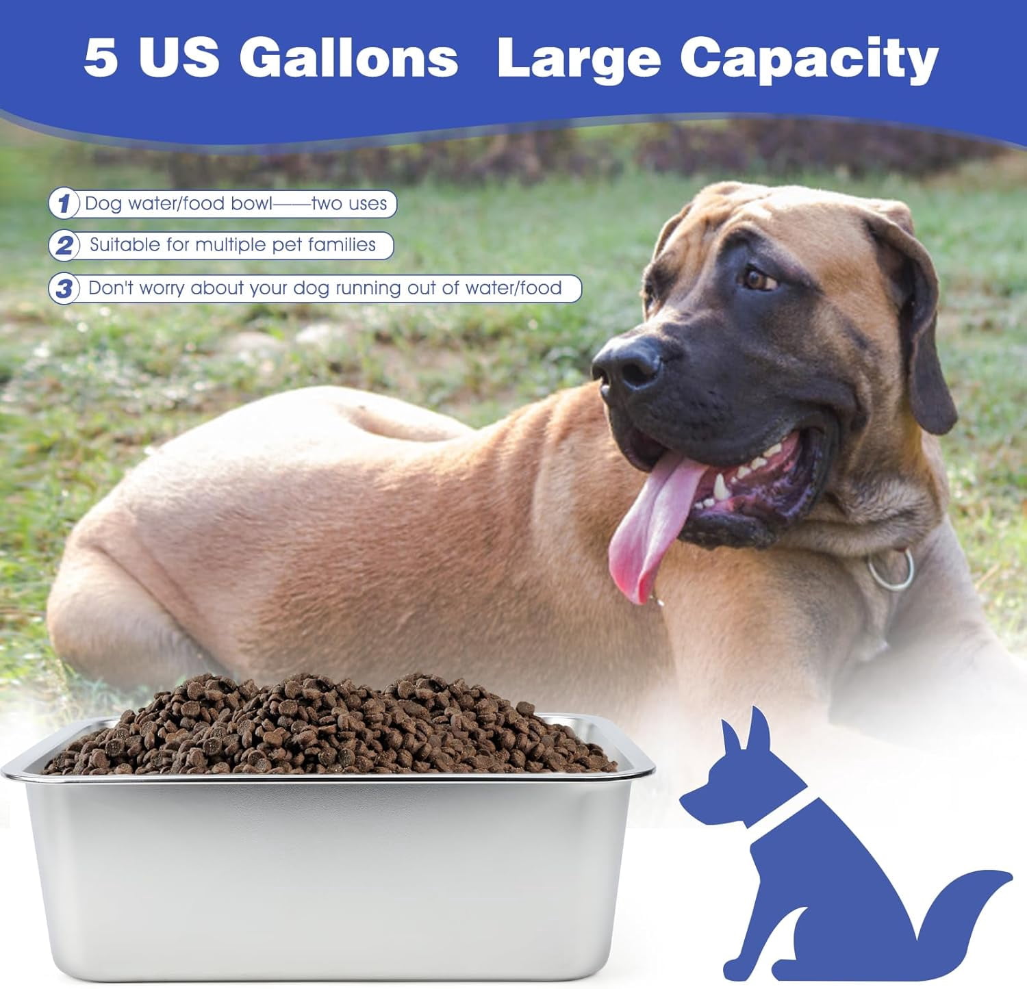 TJOUL 5 Gallons Large Dog Water Bowl, Stainless Steel Metal Dog Bowls, Large Capacity Pet Food Bowl Water Dish for Indoor and Outdoor Universal for Giant Dogs