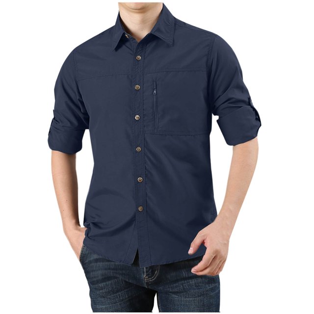 Blusa y camisa de manga larga con cuello vuelto para hombre, estilo casual, color liso, con cremallera, bolsillos y botones, de nailon.
