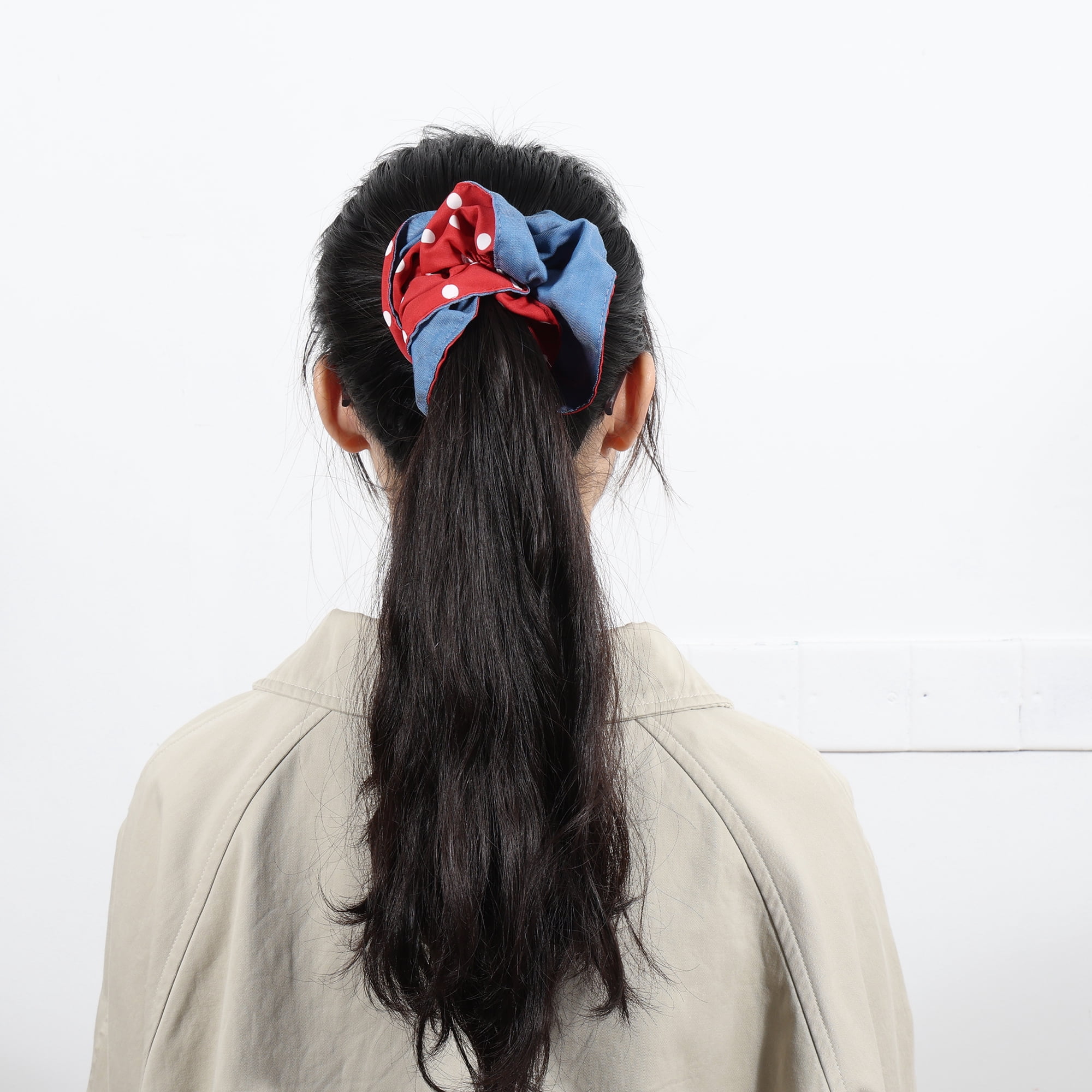 Unique Bargains Fashion Denim Hair Ties All Occasions Hair Types Blue, Red Pattern