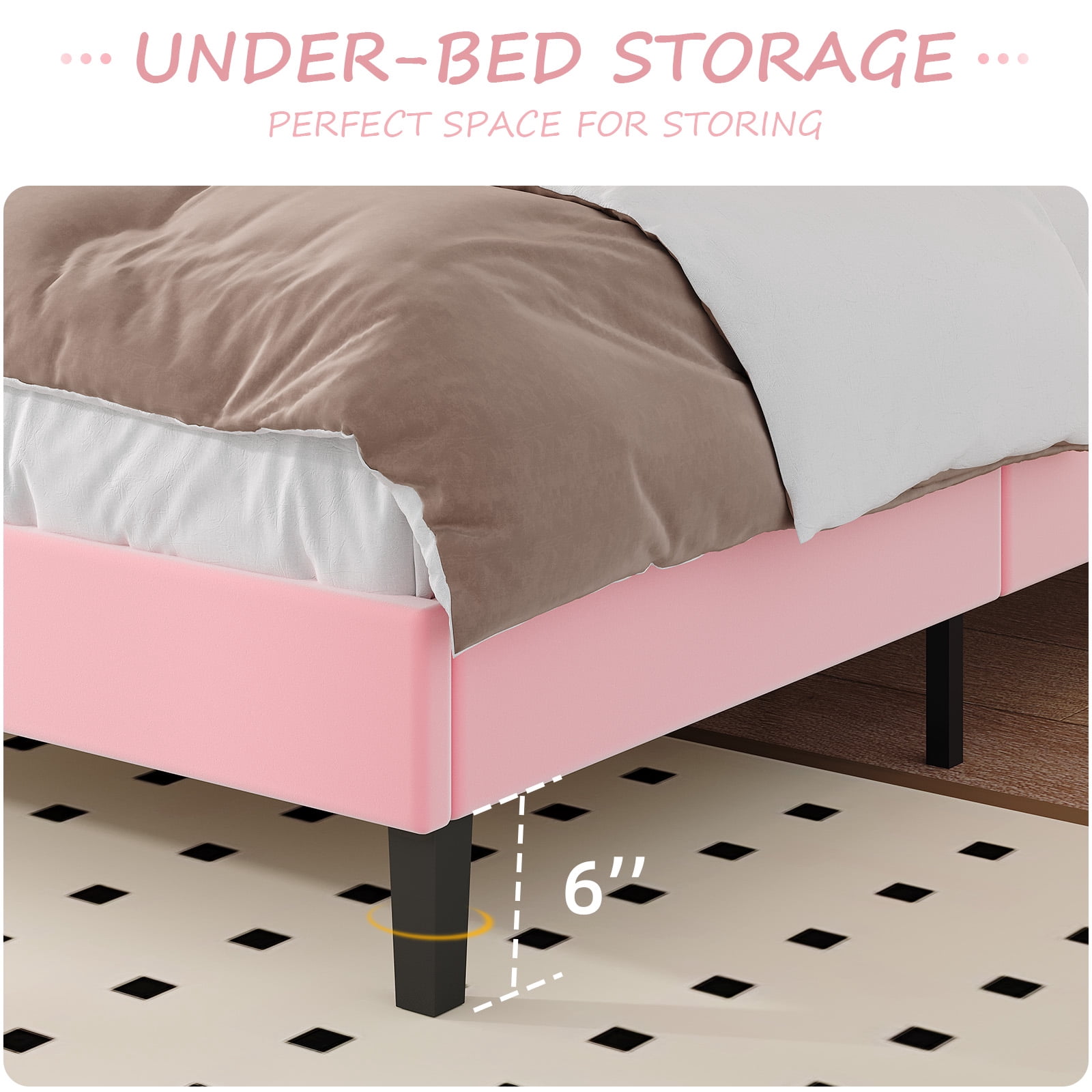 4 EVER WINNER Full Platform Bed with Horizontal Stitched Pink Velvet Headboard, Upholstered Base, Stable Slat Support, Easy Assembly
