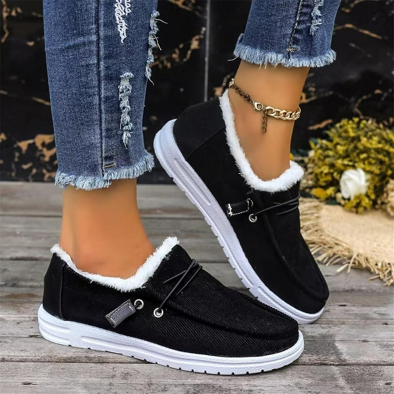 Winter Shoes Women Fleece Lined Low-Top Slip Ons Comfortable Flats