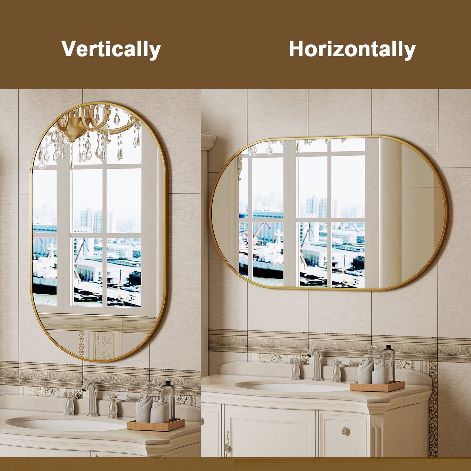 AUROMIR 24"x36" Bathroom Oval Mirror Wall-Mounted Vanity Mirror Aluminum Alloy Frame,Glod