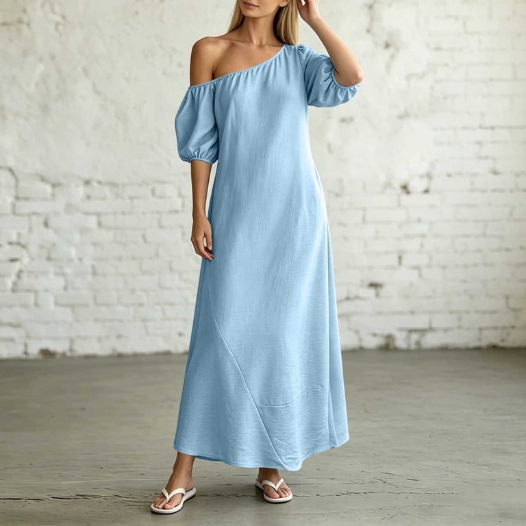 petite asymmetric chiffon tiered ruffle floral maxi dress Boho Women Square Neck Strapped Swing A Line Summer Beach Backless Long Dress Flower Blue XS at Amazon Women's Clothing store Heyson Silk Satin Colors:Lilac 770 MODEL INFO Model is ANRABESS Women One Shoulder