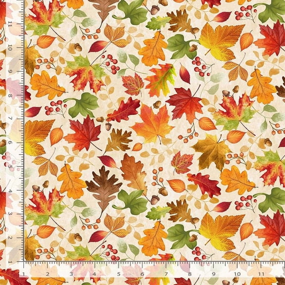 Cotton Harvest Leaves Leaf Acorns Fall Autumn on Cream Timeless Treasures Multicolor Cotton Fabric Print by the Yard (HARVEST-CD3515-CREAM)