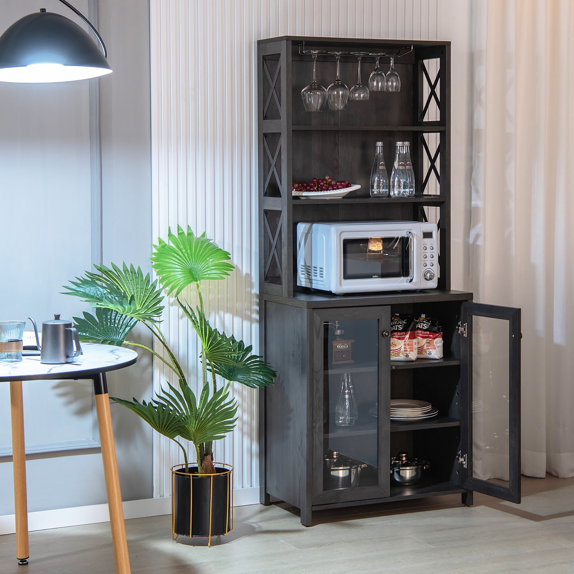 Costway Tall Freestanding Bar Cabinet Kitchen Buffet w Glass