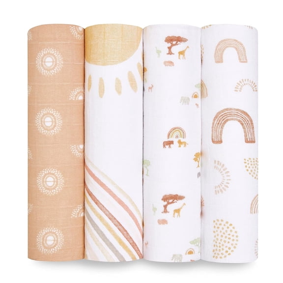 aden + anais Essentials 100% Muslin Cotton Swaddle Blanket, Unisex, 4 Pack, Keep Rising