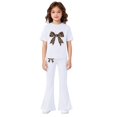 thumbnail image 3 of EnJoCho Girls Cute 2 Piece Outfits Teens Bow Graphic Sweatsuit Kids Summer Tracksui𝗍 Casual Short Sleeve Tops Flare Pants Set Girls Shorts Sleeve Tops Pants Set, 3 of 5