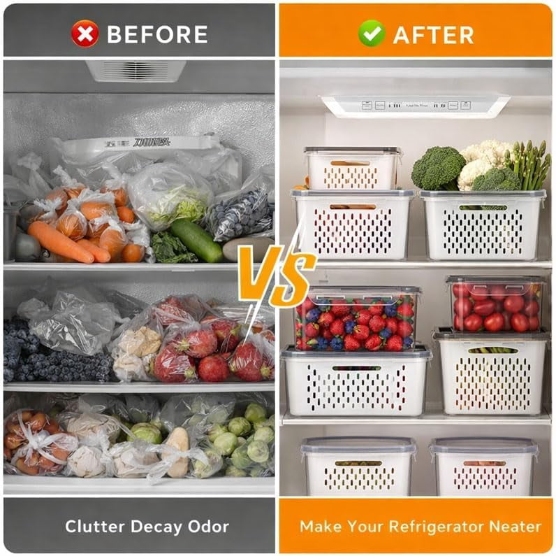Fruit Storage Containers for Fridge, Airtight Lids Keep Out Dust, Insects & Contaminants, Easy-Clean Stackable Design for Fresh Produce