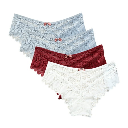 Womens Cotton Panties 4 Pack Seamless Underwear for Women Lace Thong Cheeky Panties Breathable Briefs Stretch High Cut Plus Size Ladies Bikini Thongs Padded Underwear White XL