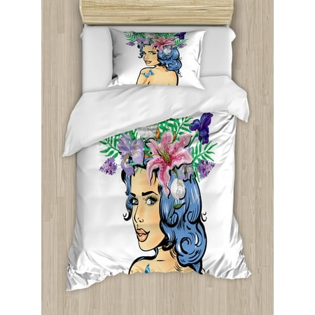 Flower Duvet Cover Set Twin Size Floral Head Woman With Hibiscus