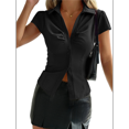 thumbnail image 3 of Women's Ruched Button Up Blouses Collar V Neck Short Sleeve Work Shirts, 3 of 7