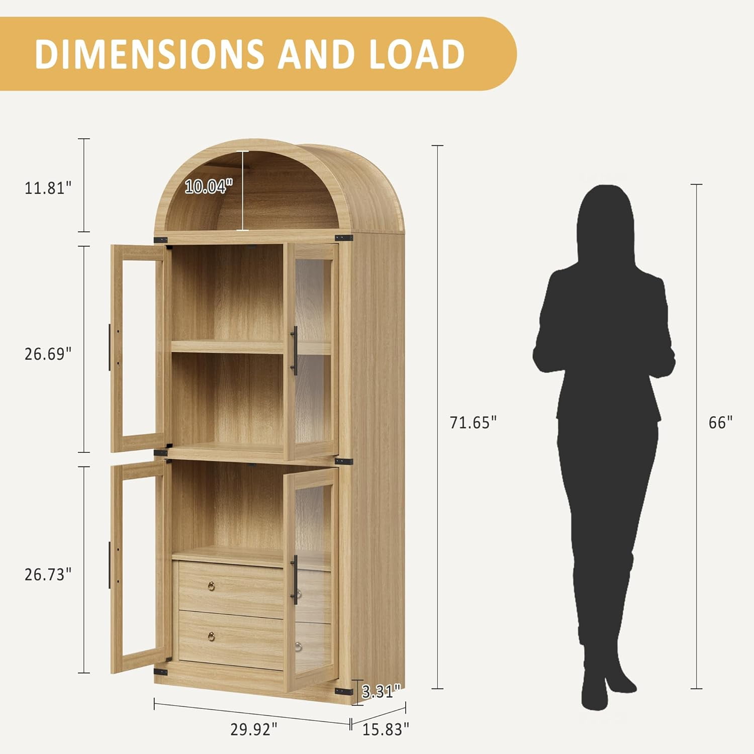 Arched Kitchen Pantry Storage Cabinet with 2 Drawers, 71-Inch Tall Farmhouse Wood Bookcase with 4 Doors for Kitchen Dining Room Bathroom