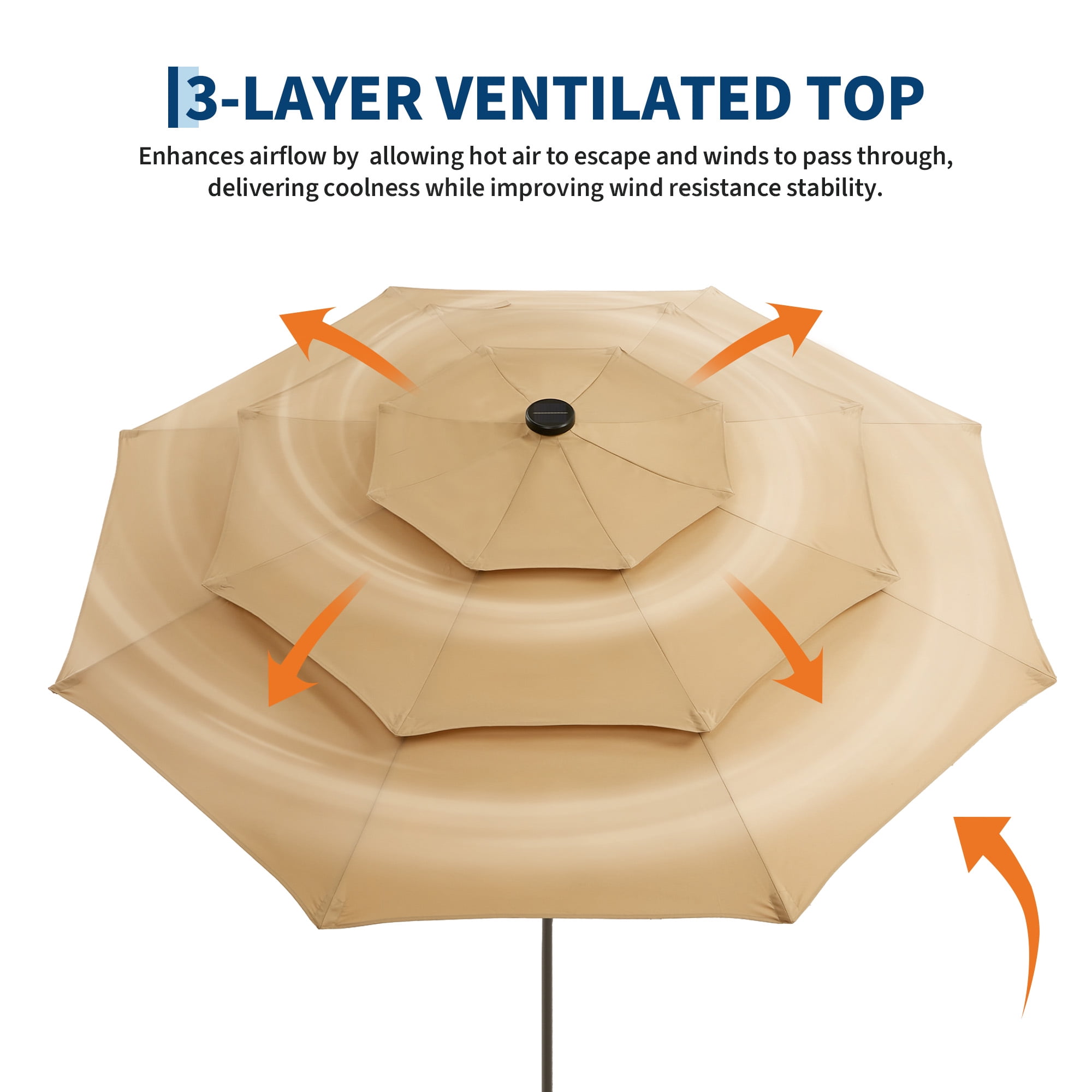 9ft Patio Umbrella with Solar LED Lights,3-Tier Outdoor Market Umbrella with Tilt and Crank, 8 Sturdy Ribs, Windproof & UV Resistant for Deck, Pool, Backyard