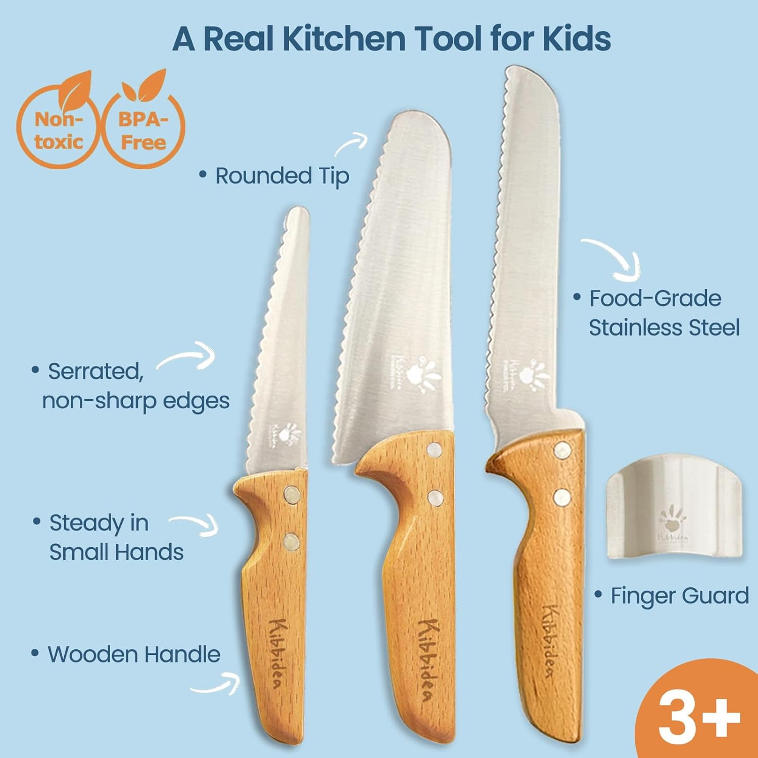 Kids Knife Set for Real Cooking, 4pcs Safe Kitchen Knives Beginners, Food-grade Stainless Steel Blades Cutting Chopping, Child First Starter knife, BPA-free (Silver)