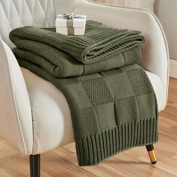 Check Knit Throw Blanket, Olive Green Checkered Throw for Couch, Decorative Christmas Soft Cozy Warm Knitted Blanket for Bed Sofa Living Room, 50"X60"