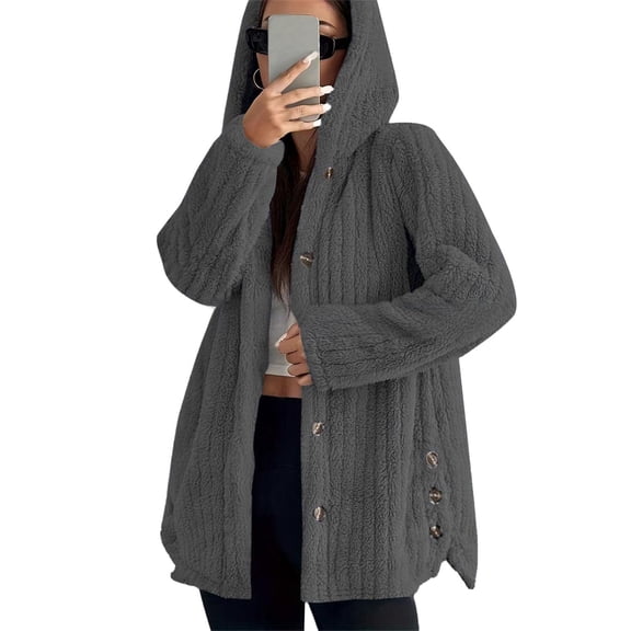 Fashion Women's Fall Winter Coats Solid Color Hooded Jacket Warm Full Zip Long Sleeve Soft Casual Baggy Outerwear