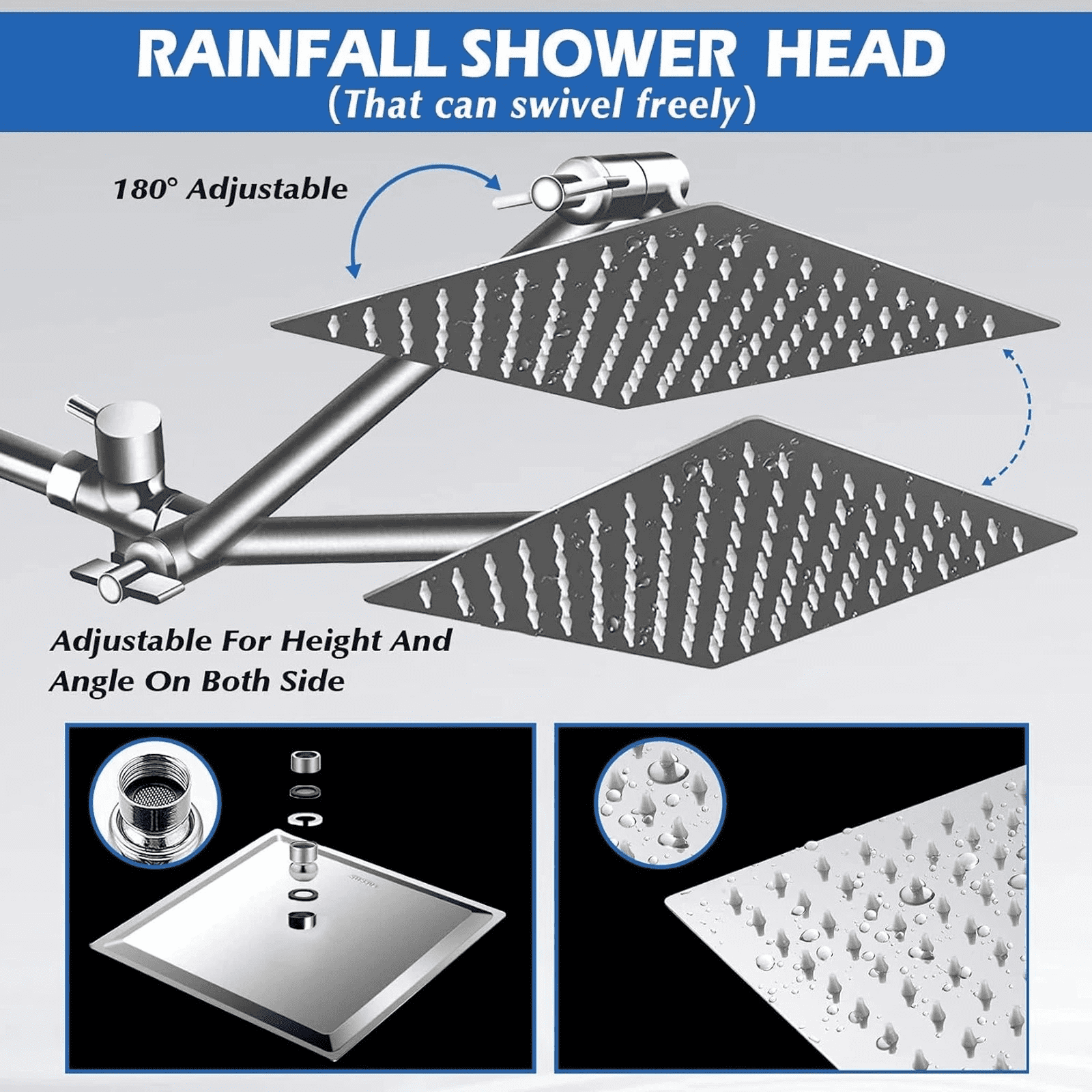 Zovajonia Chrome Rain Shower Head Combo Includes 12-inch Square High-Pressure Rain Shower Head Three-Setting Handheld Spray and Adjustable Arm