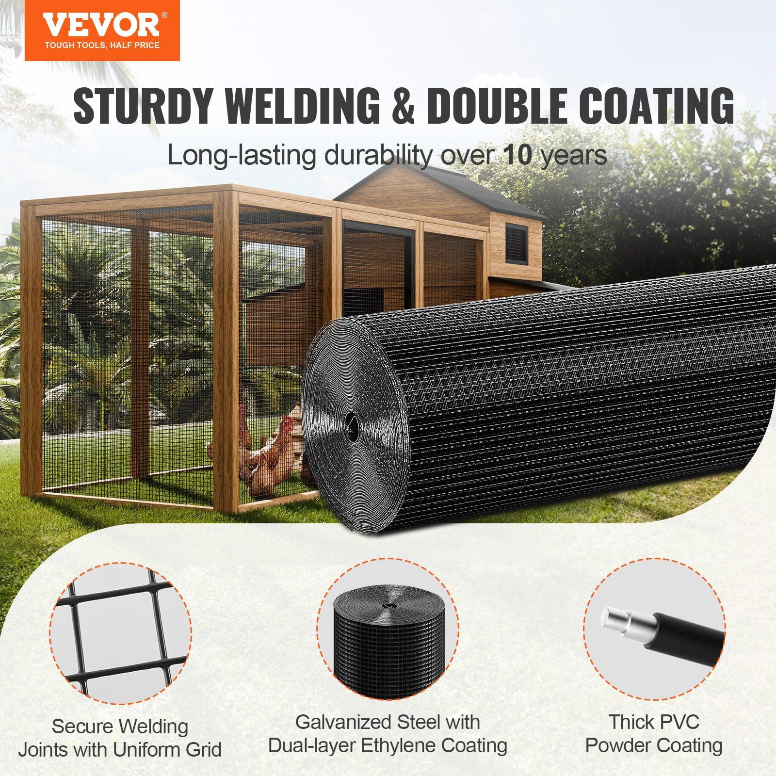 Hardware Cloth, 48'' x 100' Galvanized Wire Mesh Roll, 19 Gauge Chicken Wire Fence Roll, Vinyl Coating Metal Wire Mesh for Chicken Coop Barrier, Rabbit Snake Fences, Poultry Enclosures