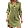 thumbnail image 2 of Fwqbns Women's Linen Casual Tunic Shirt Dress V Neck 3/4 Sleeve Loose Fit Beach Mini Dress Summer Vacation Outfit Green, 2 of 9
