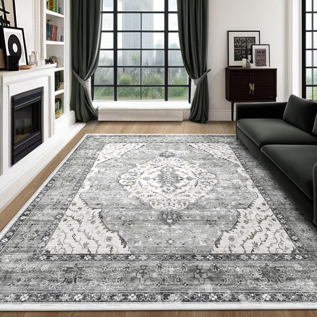 Boho Vintage Round Rug ft- Faux Wool Dreely Washable Area Rug Small Distressed Throw Rugs Floor Carpet for Door Mat Entryway Bedrooms Laundry (Round - ; Diameter Border )