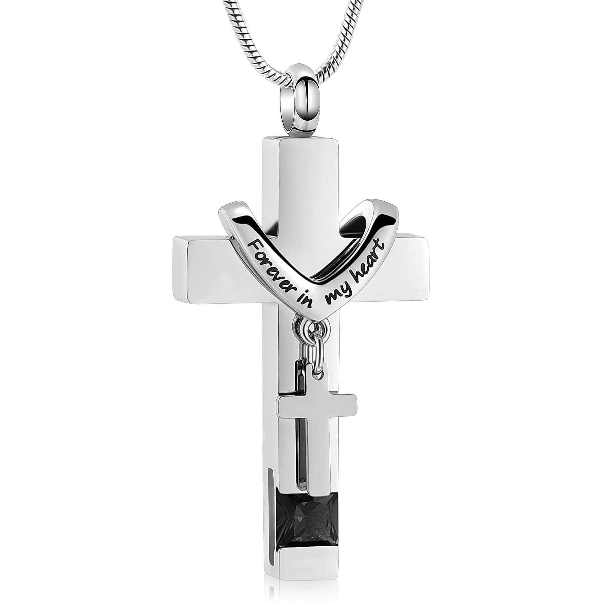 Forever in My Heart Birthstone Personalized Double Steel Cross Urn Pendant Cremation Jewelry for Ashes Cross Ashes Keepsake