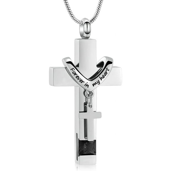 Forever in My Heart Birthstone Personalized Double Steel Cross Urn Pendant Cremation Jewelry for Ashes Cross Ashes Keepsake
