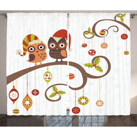 Christmas Curtains 2 Panels Set, Large Eyed Owls on Decorated Twiggy Tree Branches Annual Yule Noel Christmas Themed, Living Room Bedroom Decor, Multi, by