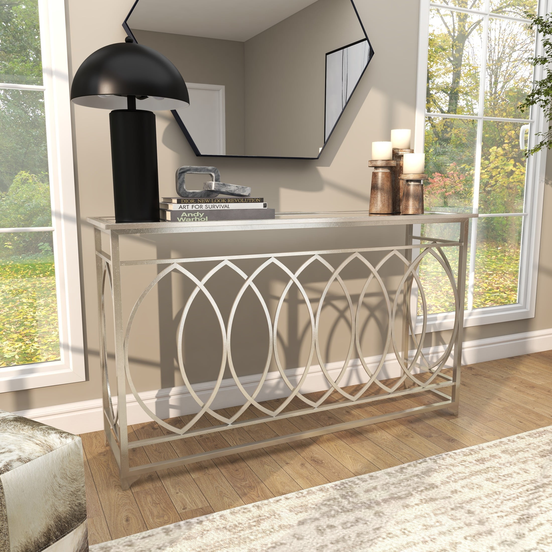 DecMode Metal Geometric Console Table - Mirrored Glass Top