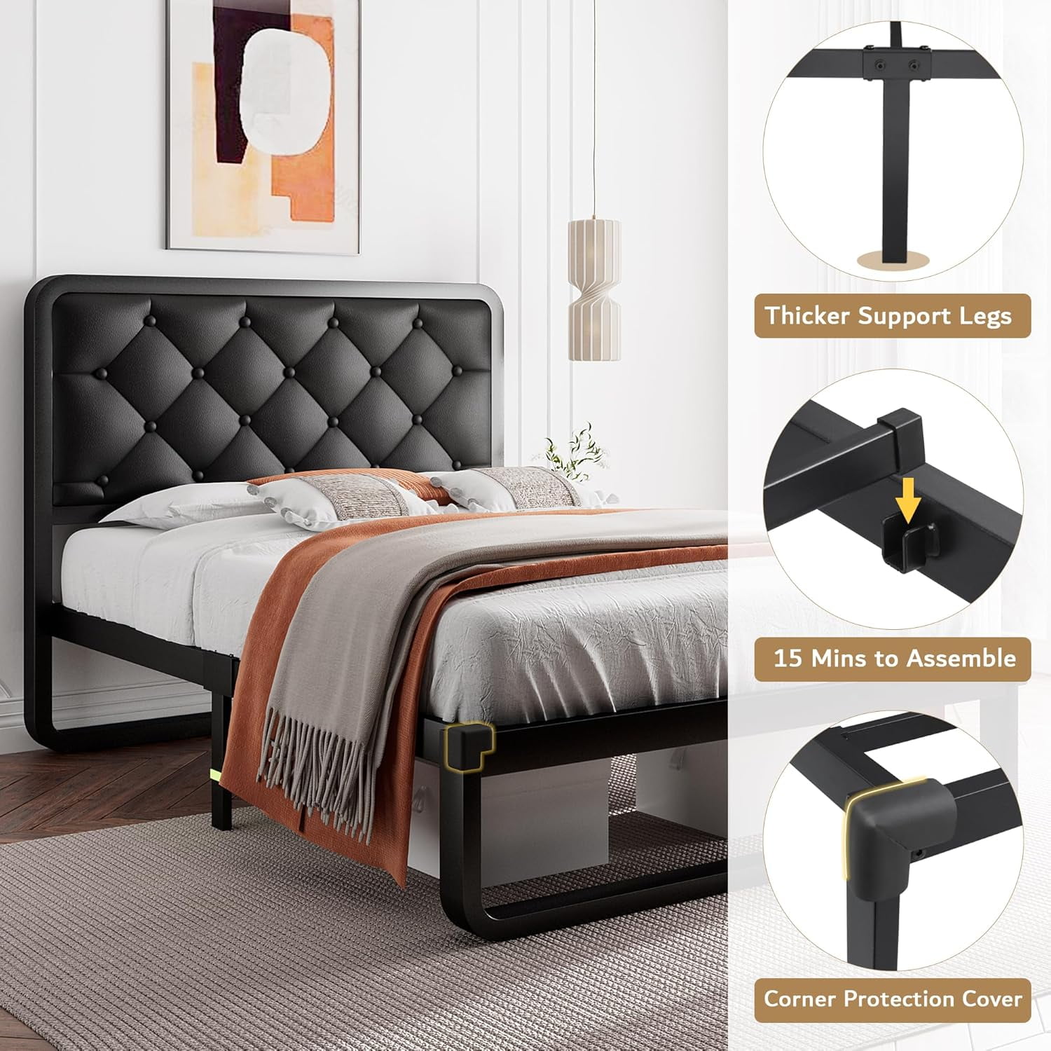 iPormis Twin Size Metal Bed Frame with Black Faux Leather Upholstered Headboard, 12'' Underbed Space,  Black