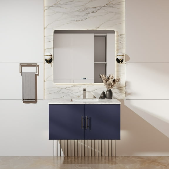 Geneva 36 in. W x 22 in. D Navy Blue Bath Vanity and 36 in. LED Mirror