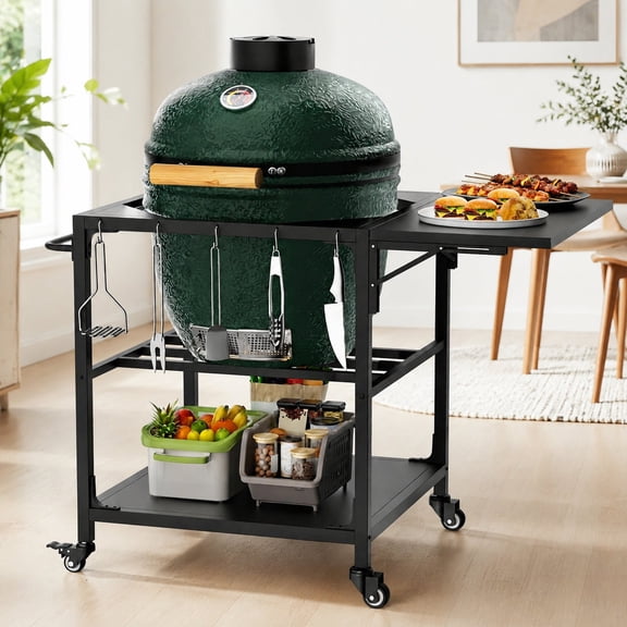 Unbranded Grill Stands & Carts Heavy Duty Metal Table with Wheels Storage Shelf Hooks