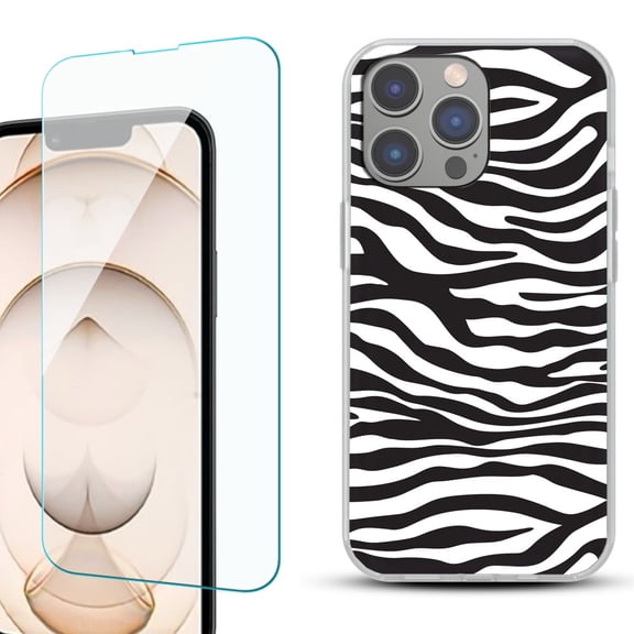 Slim-Fit Gel TPU Phone Case for iPhone 14 Pro, with Tempered Glass Screen Protector, by OneToughShield ® - Zebra B/W