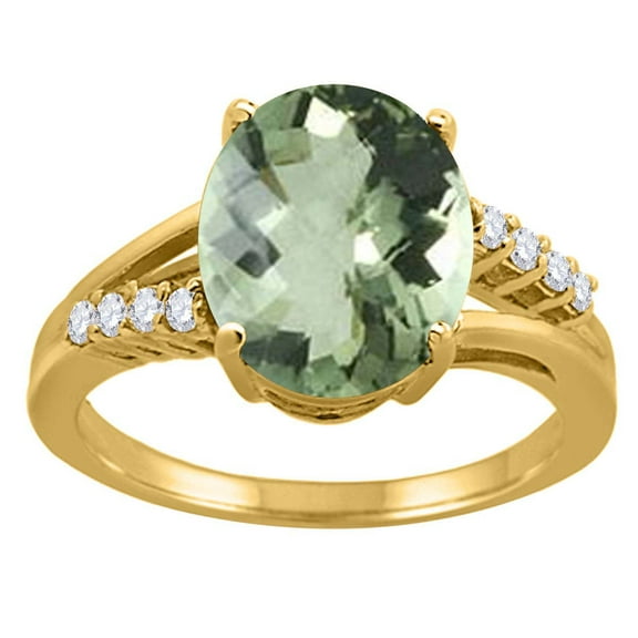 Mauli Jewels Rings for Women 3.3 Carat Oval Shaped Green Amethyst and Diamond Ring 4-Prong 10K Yellow Gold