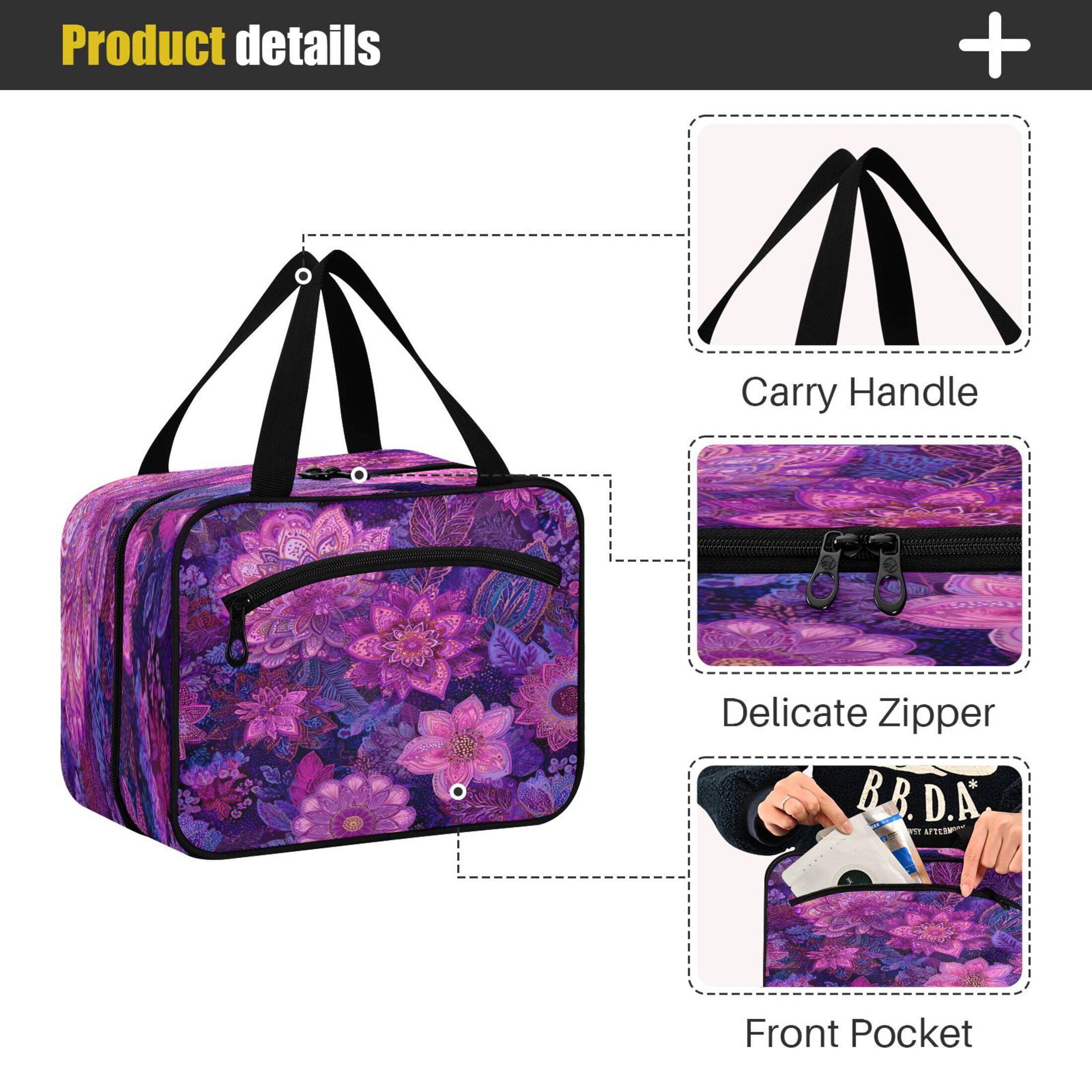 Travel Hanging Toiletry Bag with 4 Zipped Compartments Waterproof Makeup Accessories Spacious Cosmetic Bag Lavender Bohemian Pattern Large