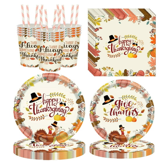 120Pcs Thanksgiving Plates and Napkins, Fall Pumpkin Maple Leaf and Turkey Disposable Dinnerware Set Include Plates Napkins Cups Straw Party Supplies for Thanks Giving Party Decorations, Serve 24
