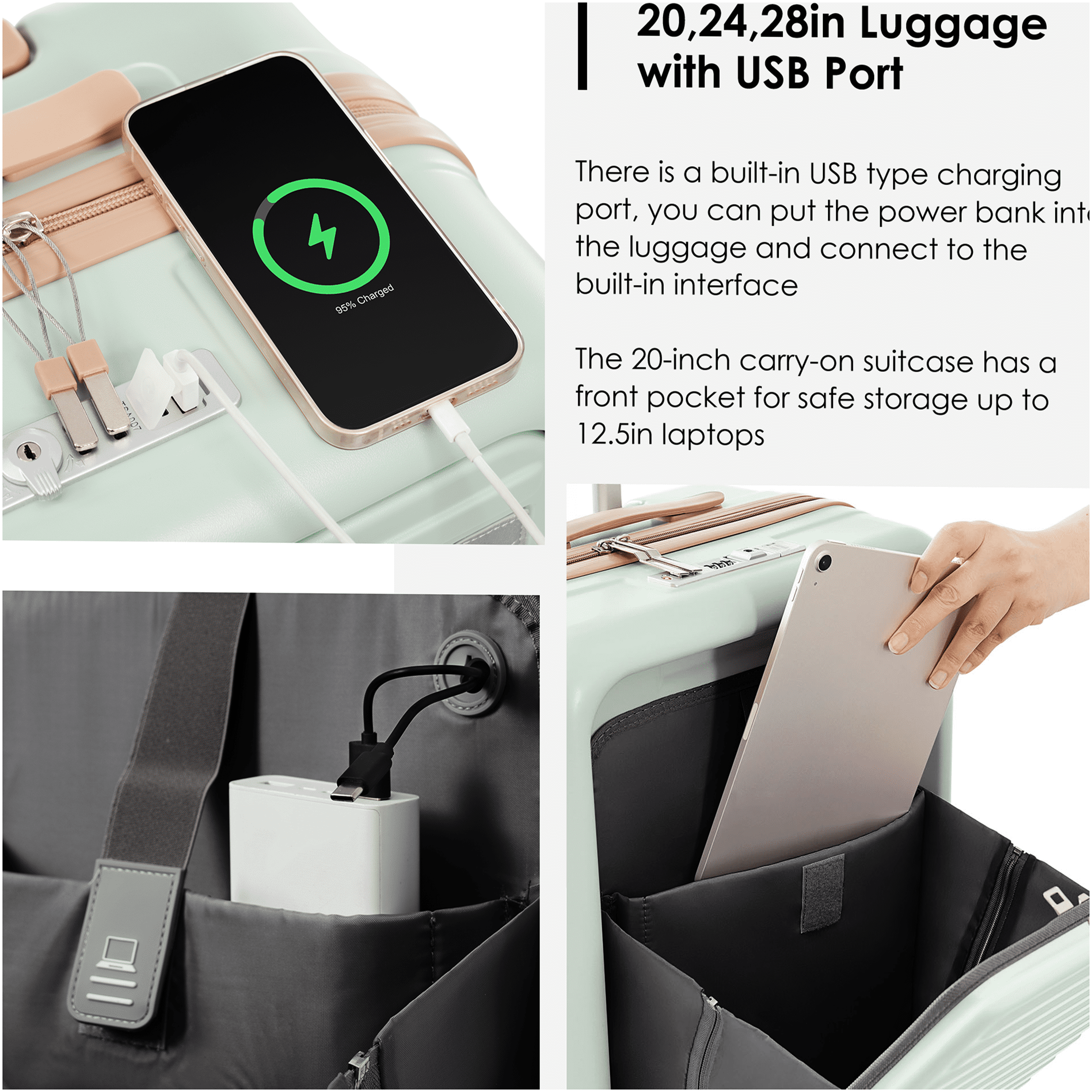 JERFIT 3-Piece ABS Hard Shell Spinner Luggage Set with USB Charging Ports, Front-Open Design & Cup Holder, 20/24/28 Inch Airline Approved Suitcases, Grey