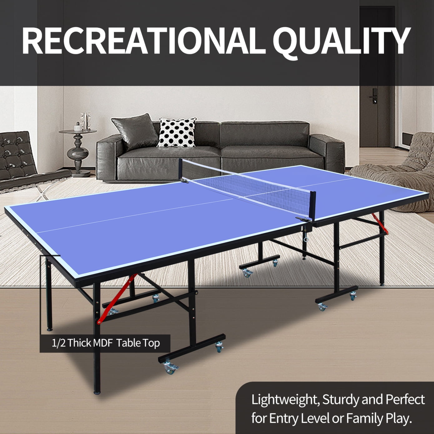 Regulation-Size Foldable Ping Pong Table Set with Steel Frame – 8ft x4ft Portable Table Includes Net, 2 Paddles, 3 Balls, Rotating Wheels & Compact Storage for Home/Office Use
