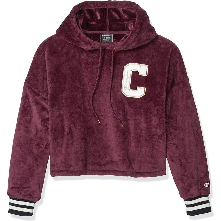 Champion Women s Athletics Faux Fur Cropped Hoodie C Block Logo