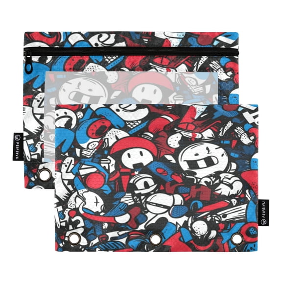 Wobogo Red Blue Graffiti Pattern Pencil Pouch with 3 Ring Binder Holes Set of 2 for Learning Tools
