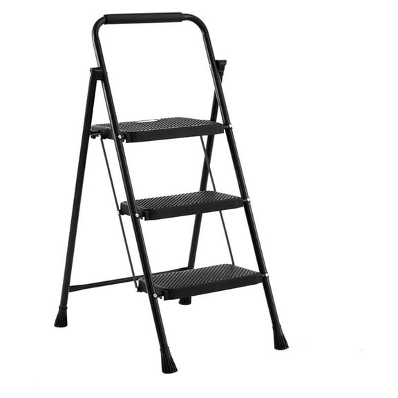 Foldable 3 Step Stool Ladder, 300 Lb Weight Limit Folding 3 Stepping Ladder for Kitchen, with Wide Anti-Slip Pedal, Sturdy Steel Ladder, Convenient Handrail, Lightweight