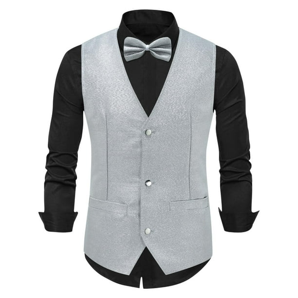 pstuiky Camiseta sin mangas para hombre, Blusa sin mangas con cuello en V, botones y pajarita con bolsillos estampados a la moda para hombre Camisas de hombre s