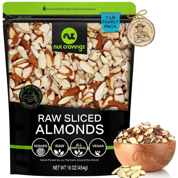 Nut Cravings Natural Sliced Almonds, Raw, Premium (16oz - 1 lbs)