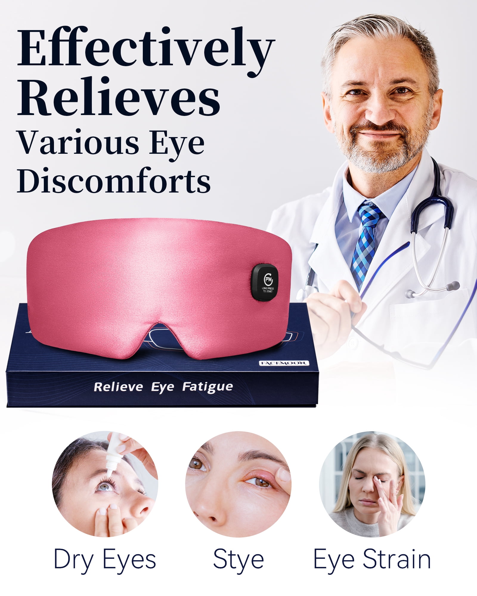 FACEMOON Rechargeable Cordless Heated Eye Mask Silk Design for Dry Eyes Comfort Moist Heat Warm Compress Washable Travel Pink