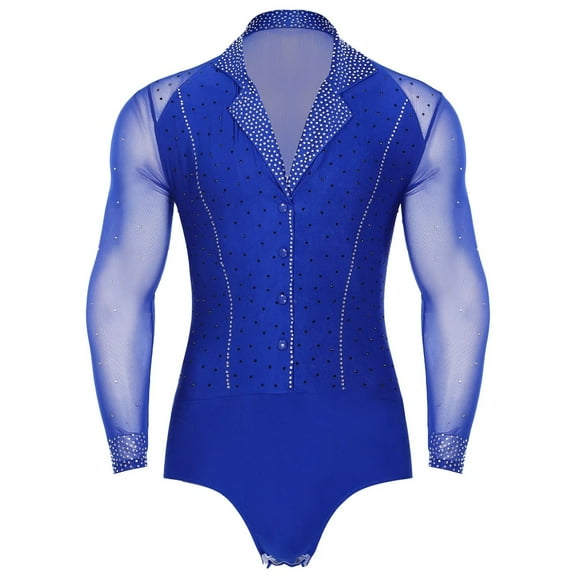 Mens Latin Ballroom Dance Leotard Costume Lapel Collar Sheer Mesh Patchwork Long Sleeve Sparkly Rhinestone Bodysuit
