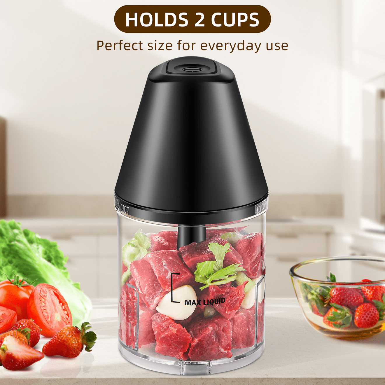 Mainstays 3 Cup Chopper, Black, Plastique, Mainstays 3 Cup Chopper - Black