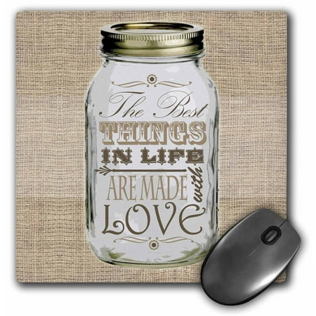 3dRose Mason Jar on Burlap Print Brown - The Best Things in Life are Made with Love - Gifts for the Cook, Mouse Pad, 8 by 8