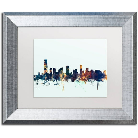 Trademark Fine Art "Jersey City NJ Skyline Blue" Canvas Art by Michael Tompsett, White Matte, Silver Frame