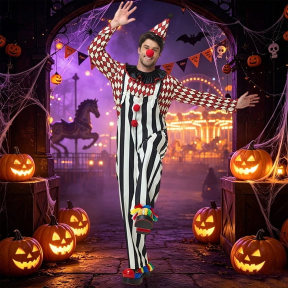 HOWPAY Halloween Costumes for Men Vintage Argyle Clown Suspender Pants Cosplay Outfit Circus Role Play Fancy Dress For Masquerade Party Stage Event Halloween Costumes L