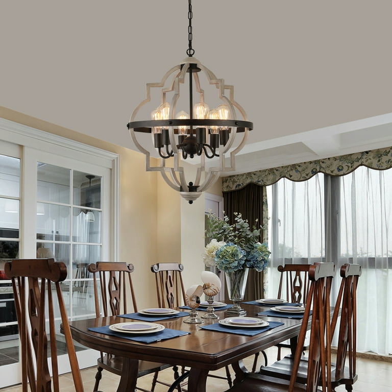 Q S Farmhouse Rustic Chandelier Orb Oak Finish 6 Light Vintage Antique Chandeliers Pendant Light Fixture for Kitchen Dining Room Living Room Entryway